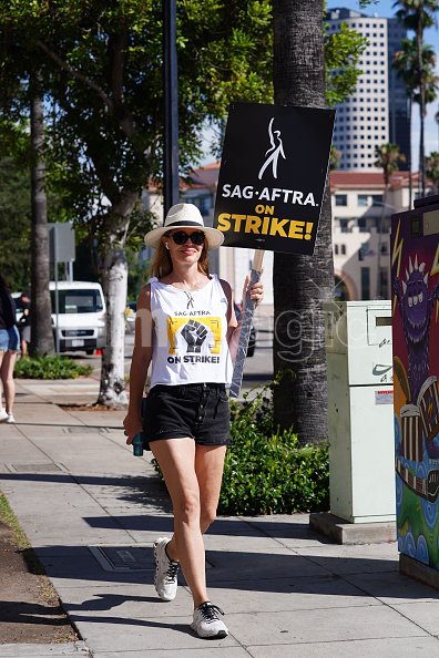Jeri Ryan walks the picket line in support of the SAG AFTRA and WGA
