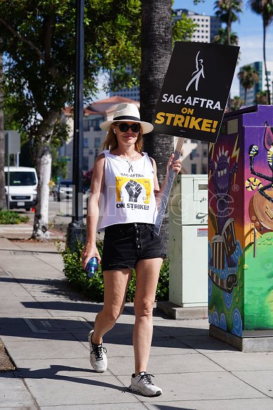 Jeri Ryan walks the picket line in support of the SAG AFTRA and WGA