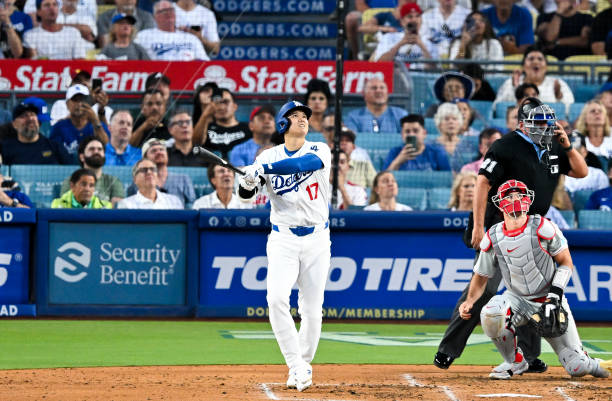 Shohei Ohtani of Los Angeles Dodgers hits a fly out in the bottom of the third inning during the regular season game against the Philadelphia...