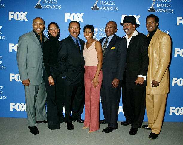 Actors Mathew St. Patrick, actress Tracee Ellis Ross, NAACP president Kweisi Mfume, actress Terri Vaughn, Charles Whitehead, celebrity Steve Harvey and actor Flex Alexander pose during a press conference for the 34th NAACP Image awards on December 5, 2002 in West Hollywood, California. The 34th NAACP Image Awards will be taped at the Universal Amphitheatre March 8, 2003 and will air on March 13th.
