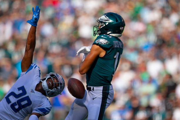 Arcega-Whiteside of the Philadelphia Eagles cannot make the catch on the ball against Rashaan Melvin of the Detroit Lions in the final moments of the...