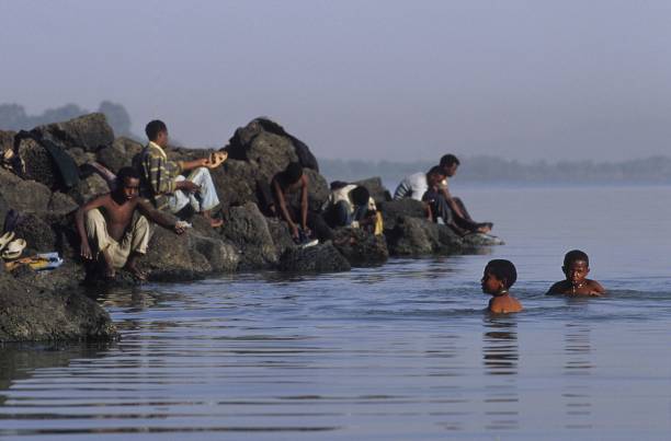 Bathing Zege Peninsula lake Tana in Ethiopia