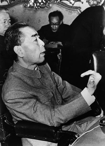 Chinese premier zhou enlai giving a press conference in cairo egypt before going on to algeria morocco and albania december 1963 he said his trip did...