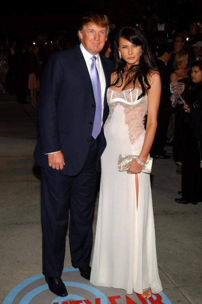 Donald Trump and Melania Knauss during 2004 Vanity Fair Oscar Party Arrivals at Mortons in Beverly Hills California United States