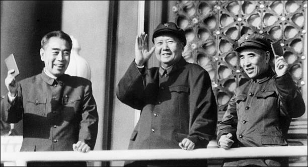 From left Chinese top communist leaders Zhu Enlai Prime Minister of the People's Republic of China from its inception in 1979 until his death Mao...