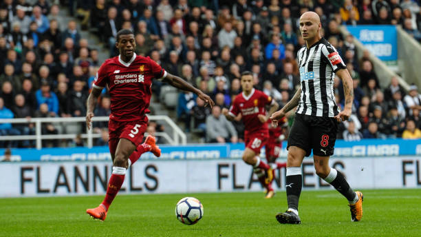 Jonjo Shelvey of Newcastle United passes the ball during the Premier League Match between Newcastle United and Liverpool at StJames' Park on October...