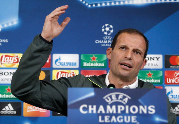 Juventus coach Massimiliano Allegri attends a press conference ahead of the Champions League round of 16 second leg soccer match against Porto.