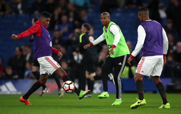 Manchester United's Marcus Rashford (left) and Ashley Young during the Emirates FA Cup, Quarter Final match at Stamford Bridge, London.