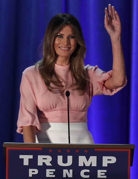 Melania Trump wife of Republican presidential nominee Donald Trump waves to supporters during a campaign event November 3 2016 in Berwyn Pennsylvania...