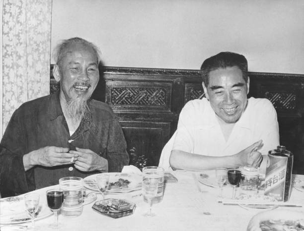North Vietnamese President and communist revolutionary leader Ho Chi Minh with Prime Minister of the People's Republic of China Zhou Enlai during a...