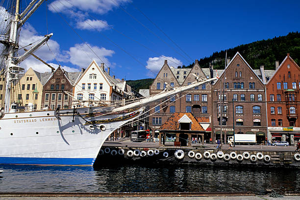 Norway, Bergen, Bryggen District With Tall Ship, Statsraad Lehmkuhl.