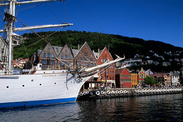 Norway, Bergen, Bryggen District With Tall Ship, Statsraad Lehmkuhl.