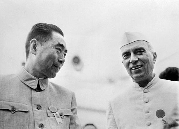 Picture taken from the 50s of Indian prime minister Pandit Jawaharlal Nehru in official visit in China talking with his chinese counterpart Zhou...