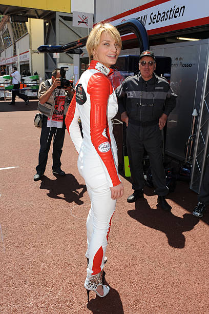 Sarah Marshall dressed by Jean Claude Jitrois at the Monaco Grand Prix.