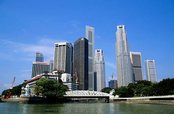 Singapore, Merlion Park, Anderson Bridge And Skyline.