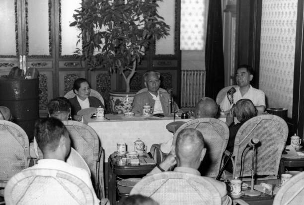 ViceChairman Soong Ching Ling Chairman Liu Shaoqi and Premier Zhou Enlai during the 17th Session of the Supreme State Conference on August 24 1959...