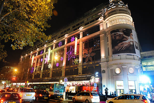 View of the Christmas Illuminations at the Printemps Store in Paris.