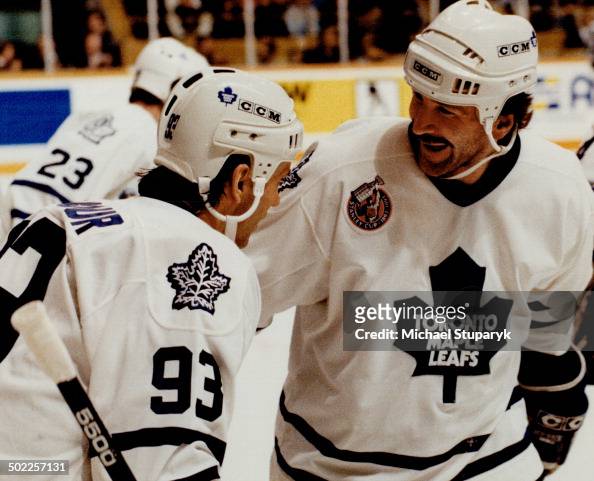 What a laugher: Glenn Anderson is all smiles after being congratulated by Doug Gilmour for one of hi