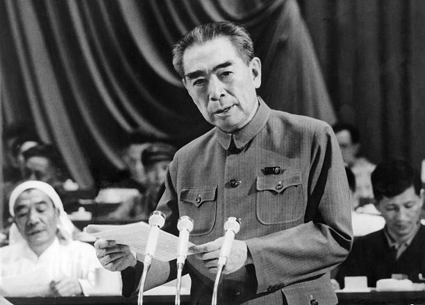 Zhu Enlai one of the leaders of the Chinese Communist Party and Prime Minister of China from its inception in 1949 until his death addresses the...