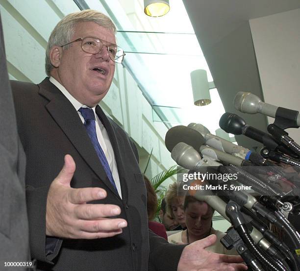 Speaker of the House, Dennis Hastert , fields questions from the media after he and Homeland Security Czar, Govenor Thomas Ridge , briefly spoke.