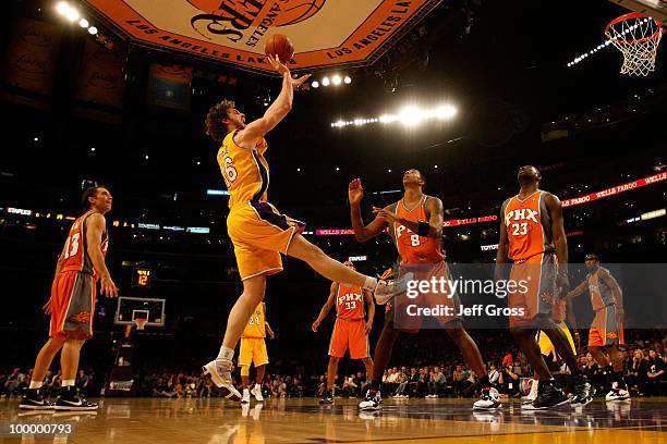 Pau Gasol of the Los Angeles Lakers takes a shot against the Phoenix Suns in Game Two of the Western Conference Finals during the 2010 NBA Playoffs...