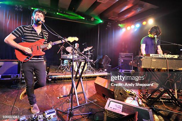 Peter Silberman, Michael Lerner and Darby Cicci of American indie rock band The Antlers performs on stage at The Scala on May 19, 2010 in London,...