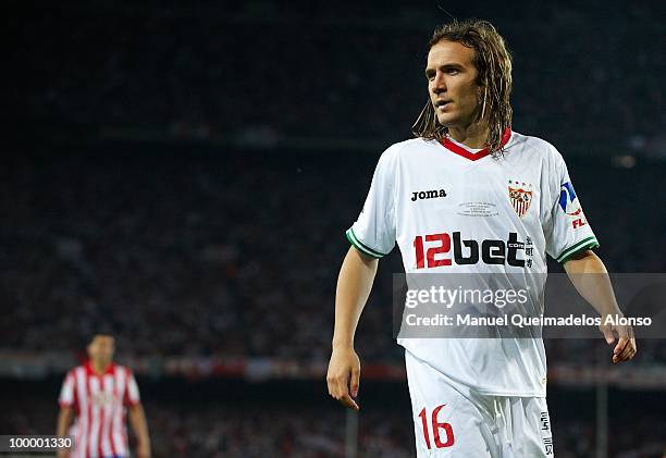 Diego Capel of Sevilla looks on during the Copa del Rey final between Atletico de Madrid and Sevilla at Camp Nou stadium on May 19, 2010 in...