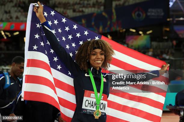 Vashti Cunningham of the USA celebrates during Day Two of the Athletics World Cup 2018 at London Stadium on July 15, 2018 in London, England.