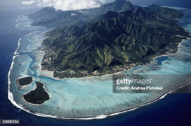 aerial of moorea island in french polynesia - moorea stock pictures, royalty-free photos & images