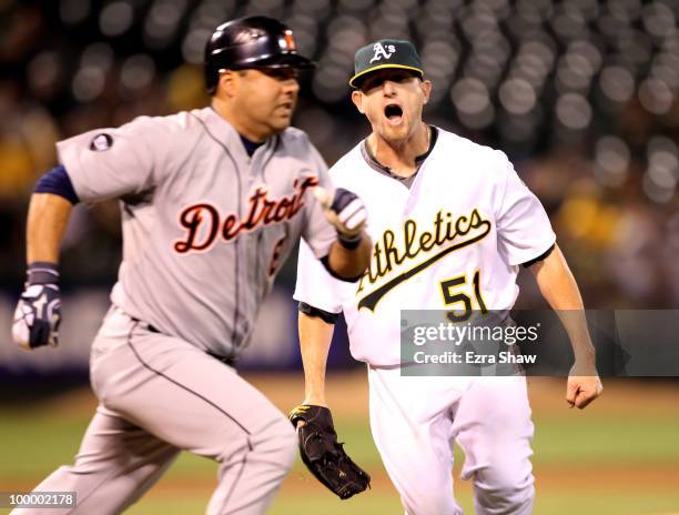 Dallas Braden of the Oakland Athletics reacts after he misplayed a bunt by Gerald Laird of the Detroit Tigers in the seventh inning at the...