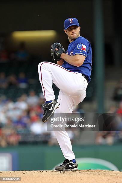 Pitcher Rich Harden of the Texas Rangers throws against the Baltimore Orioles on May 19, 2010 at Rangers Ballpark in Arlington, Texas.