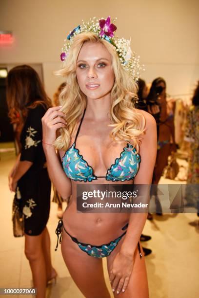 Model poses backstage at Miami Swim Week powered by Art Hearts Fashion Swim/Resort 2018/19 at Faena Forum on July 15, 2018 in Miami Beach, Florida.