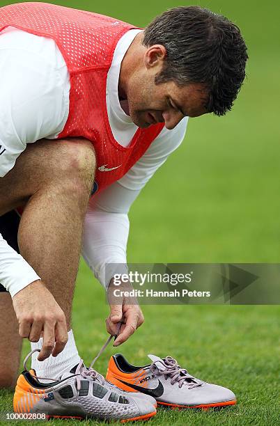 Ryan Nelsen ties up his boots before a New Zealand All Whites training session at North Harbour Stadium on May 20, 2010 in Auckland, New Zealand.