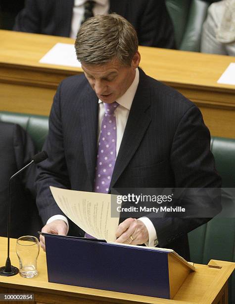 New Zealand's Finance Minister Bill English reads the Budget at Parliament House on May 20, 2010 in Wellington, New Zealand. English announced tax...
