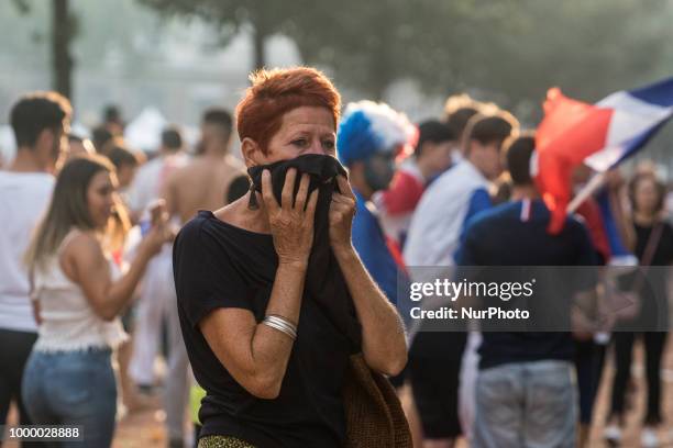 Broadcast of the final of the football world cup in Lyon, France, on July 15, 2018. Many clashes erupted a few minutes after the end of the match...