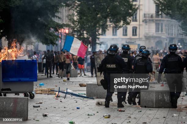 Broadcast of the final of the football world cup in Lyon, France, on July 15, 2018. Many clashes erupted a few minutes after the end of the match...