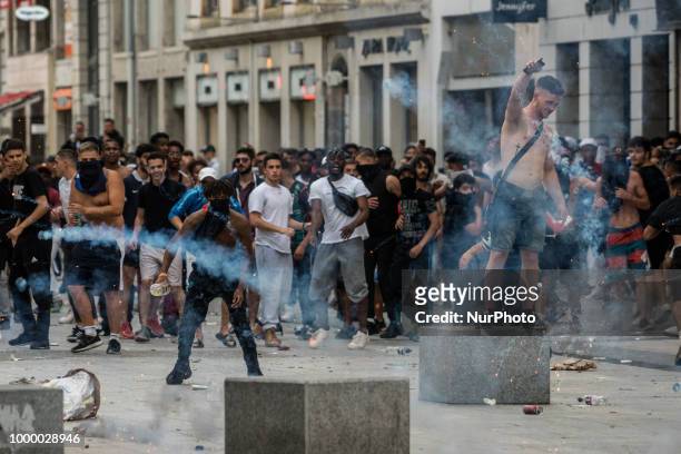Broadcast of the final of the football world cup in Lyon, France, on July 15, 2018. Many clashes erupted a few minutes after the end of the match...