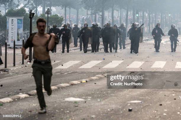 Broadcast of the final of the football world cup in Lyon, France, on July 15, 2018. Many clashes erupted a few minutes after the end of the match...