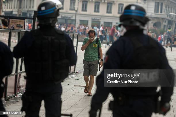 Broadcast of the final of the football world cup in Lyon, France, on July 15, 2018. Many clashes erupted a few minutes after the end of the match...