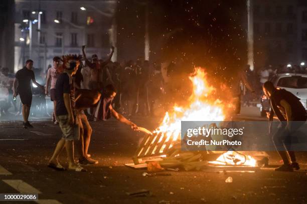 Broadcast of the final of the football world cup in Lyon, France, on July 15, 2018. Many clashes erupted a few minutes after the end of the match...