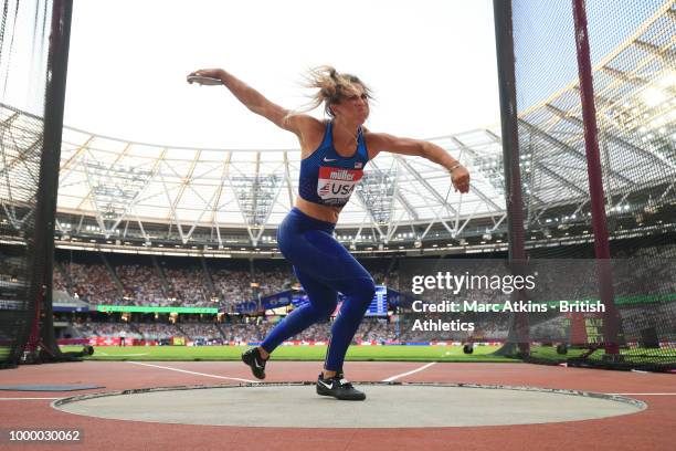 Valarie Allman of USA competes in the women's discus during Day Two of the Athletics World Cup 2018 at London Stadium on July 15, 2018 in London,...