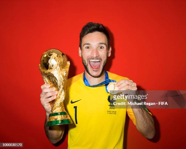 Hugo Lloris of France poses with the Champions World Cup trophy after the 2018 FIFA World Cup Russia Final between France and Croatia at Luzhniki...