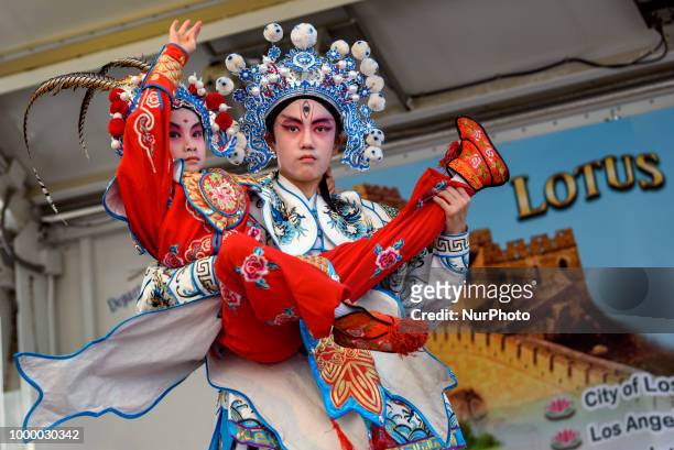 Chinese opera performers during the Lotus Festival in Los Angeles, California on July 14, 2018. The 38th annual Lotus Festival celebrated Asian...