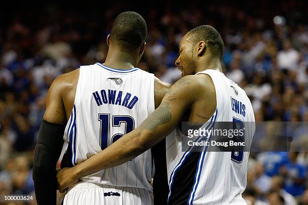 Dwight Howard and Rashard Lewis of the Orlando Magic talk against the Boston Celtics in Game Two of the Eastern Conference Finals during the 2010 NBA...