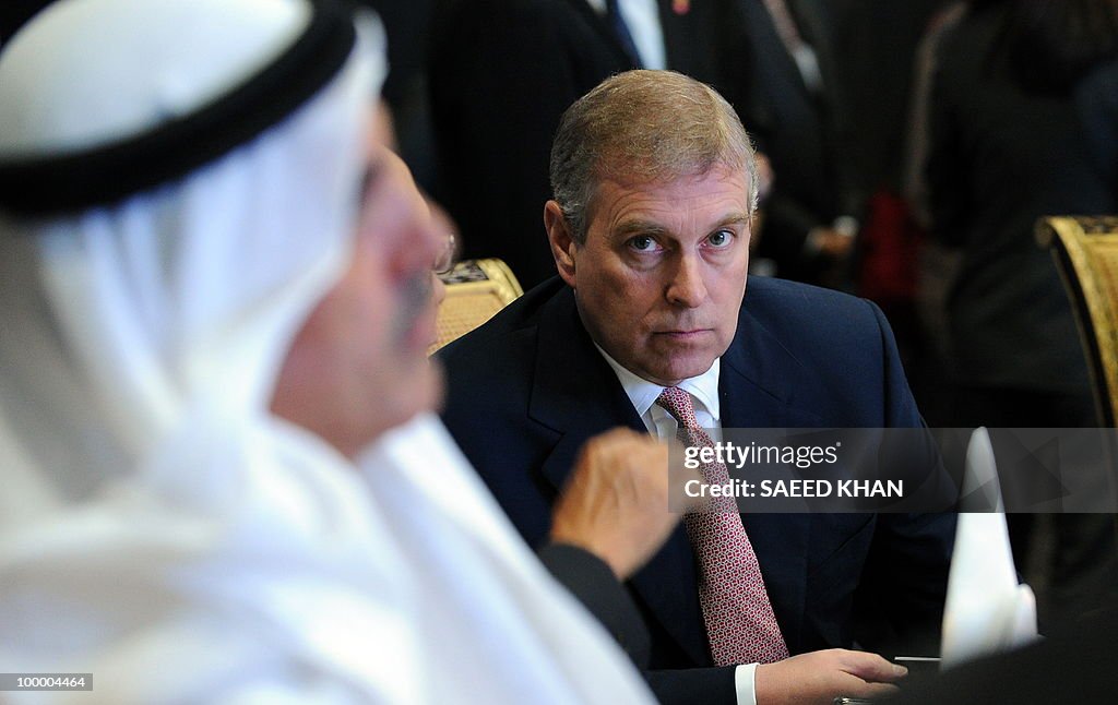 Britain's Prince Andrew waits to address