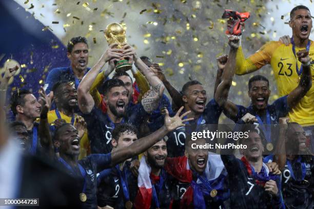 Hugo Lloris, Olivier Giroud, Kylian Mbappe, Olivier Giroud, Antoine Griezmann during Russia 2018 World Cup final football match between France and...