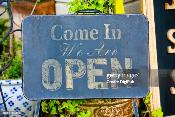 weathered open sign - vintage open sign stock pictures, royalty-free photos & images