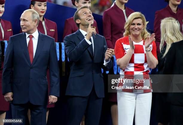 President of Russia Vladimir Putin, President of France Emmanuel Macron, President of Croatia Kolinda Grabar-Kitarovic during the trophy ceremony...