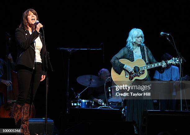 Kathy Mattea and Emmylou Harris performs during the Music Saves Mountains benefit concert at the Ryman Auditorium on May 19, 2010 in Nashville,...