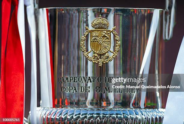 The winner's trophy reflects the presentation before the Copa del Rey final between Atletico de Madrid and Sevilla at Camp Nou stadium on May 19,...